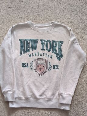 abercrombie kids White Crewneck with Teal and Pale Pink New York Graphic
